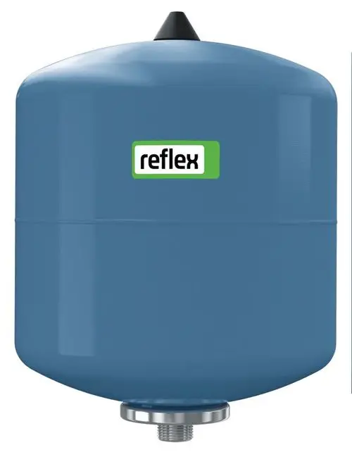 Druckausdehnungsgefäß in blauer Farbe, hergestellt von Reflex Winkelmann. Die Oberseite hat einen kegelförmigen Aushub, mit einem Anschluss an der Unterseite.