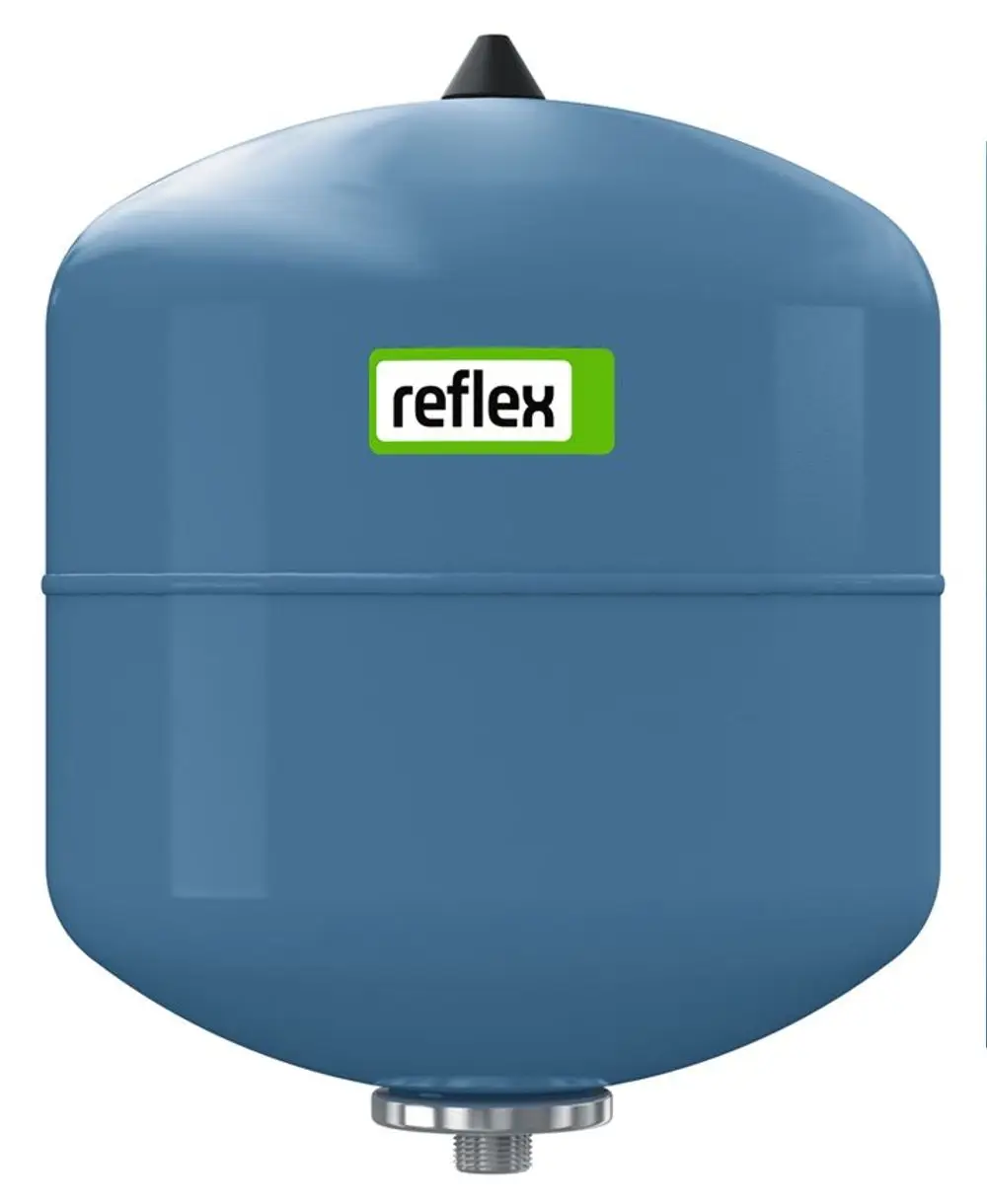 Druckausdehnungsgefäß in blauer Farbe von Reflex Winkelmann, mit zylindrischer Form und Anschluss unten, geeignet für die Heizungs- oder Wasserversorgung.