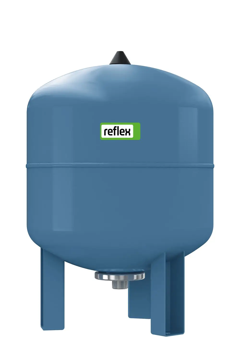 Blaues Membran-Druckausdehnungsgefäß von Reflex Winkelmann, auf einem stabilen Standfuß, mit Anschluss am Boden und einer Kappe oben.