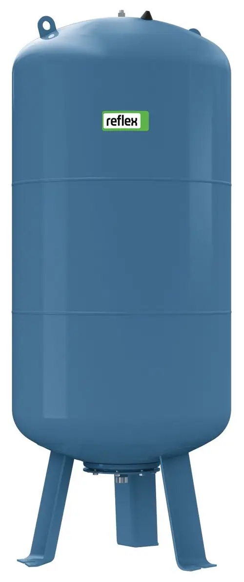 Blaues Druckausdehnungsgefäß von Reflex Winkelmann, vertikale Bauform mit Standfüßen, geeignet für Heizungs- und Trinkwasseranlagen, ohne sichtbare Anschlussleitungen.