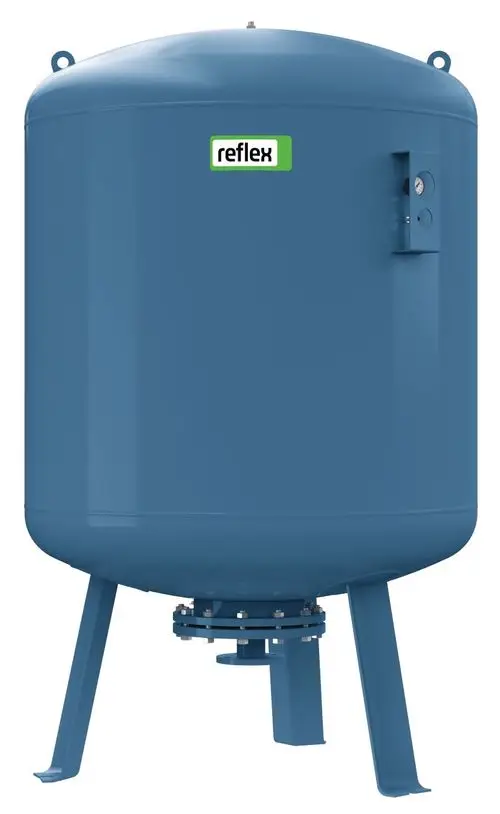 Blaues, zylindrisches Druckausdehnungsgefäß von Reflex Winkelmann mit Standbeinen und Druckmessgerät an der Seite.