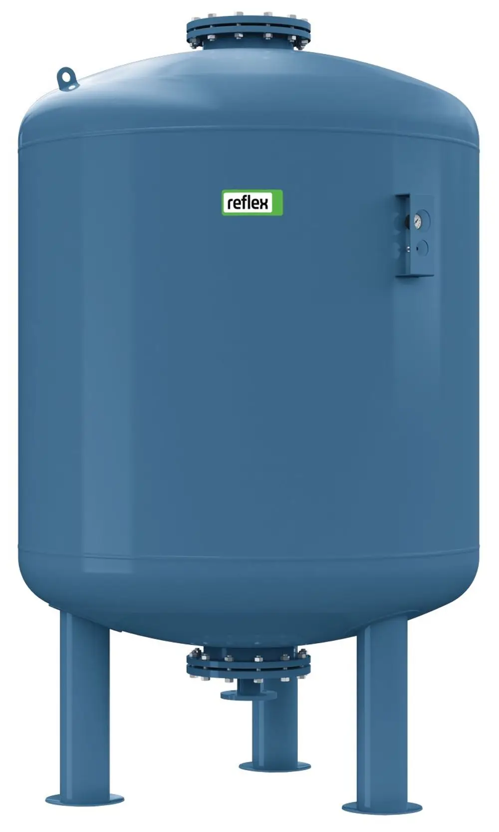 Druckausdehnungsgefäß von Reflex Winkelmann in blau, zylindrische Form mit Anschlussstücken und Standfüßen, geeignet für verschiedene Anwendungen in der Heizungs- und Anlagentechnik.