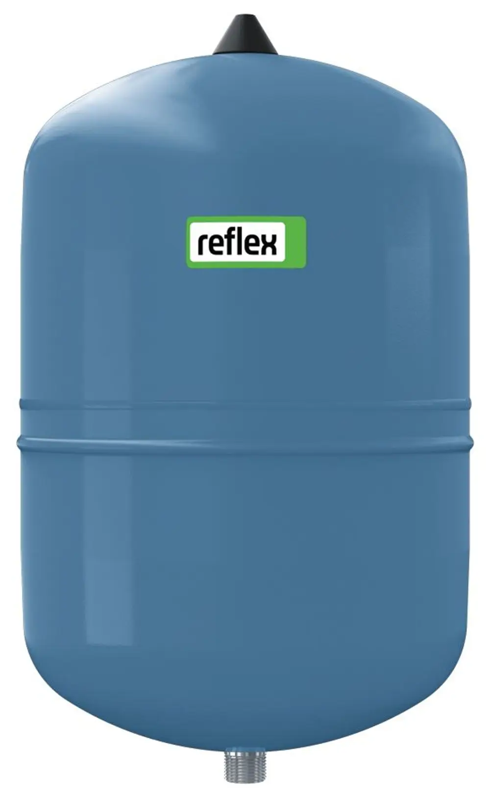 Blaues Druckausdehnungsgefäß von Reflex Winkelmann mit gewellter Oberfläche und unterem Anschluss. Geeignet für nicht durchströmte Anwendungen.