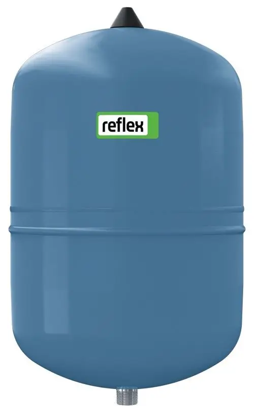 Blaues Druckausdehnungsgefäß von Reflex Winkelmann mit gewellter Oberfläche und unterem Anschluss. Geeignet für nicht durchströmte Anwendungen.