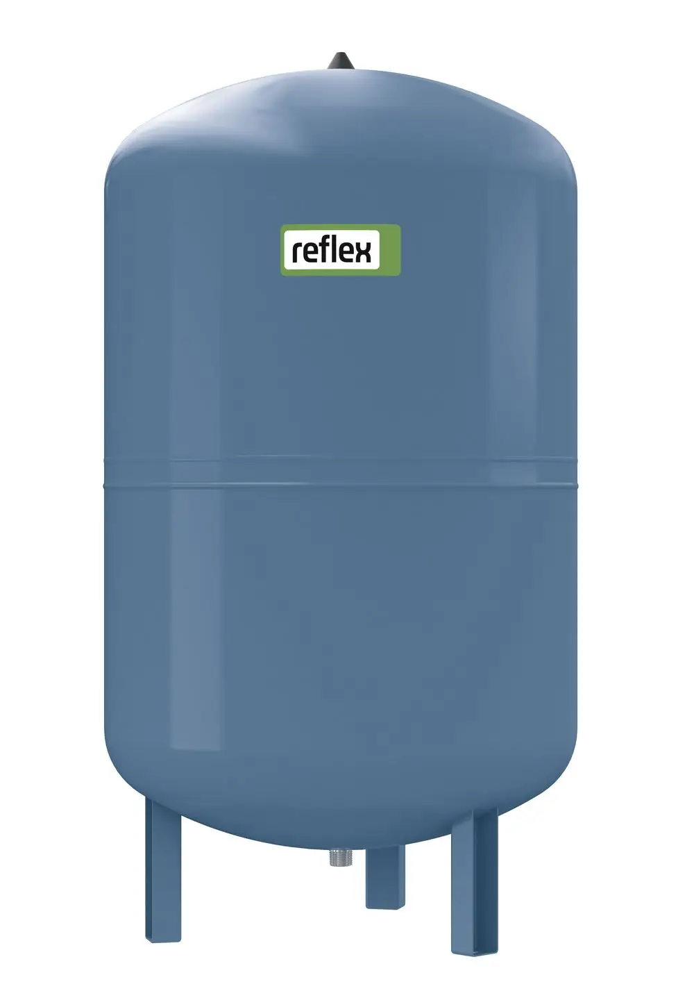 Druckausdehnungsgefäß in blauer Farbe, mit einem runden, geschlossenen Gehäuse und zwei Ständern. Sichtbares Logo von Reflex Winkelmann auf der Vorderseite.