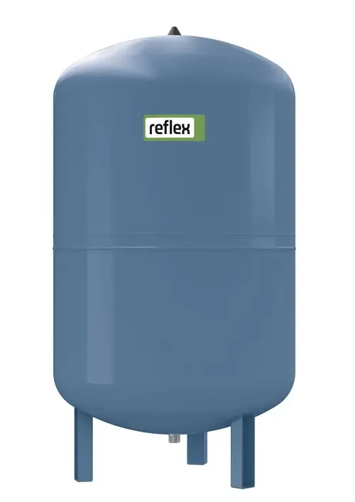 Druckausdehnungsgefäß in blauer Farbe, mit einem runden, geschlossenen Gehäuse und zwei Ständern. Sichtbares Logo von Reflex Winkelmann auf der Vorderseite.