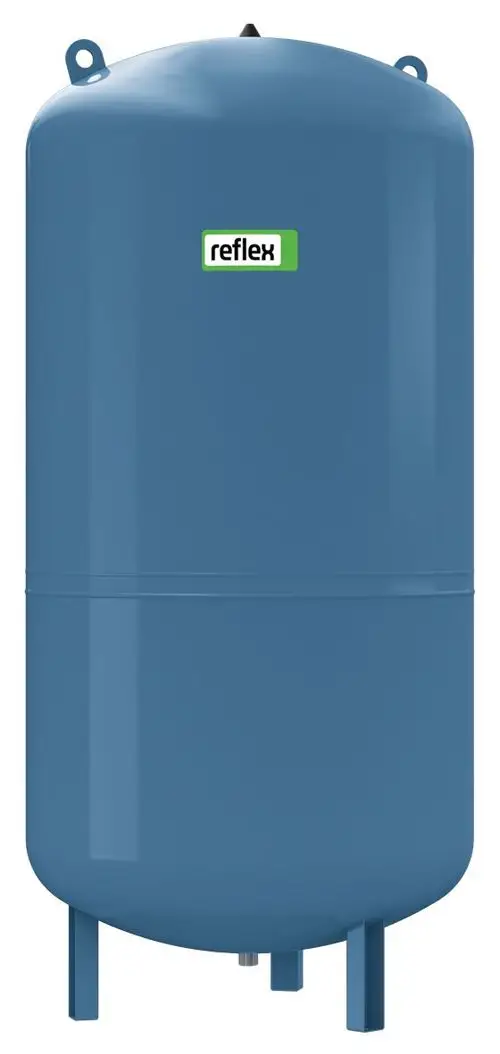 Blaues Druckausdehnungsgefäß von Reflex Winkelmann mit runder Form und unterer Anschlussmöglichkeit, geeignet für hydraulische Systeme.
