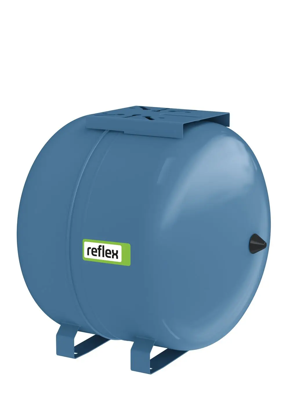 Blaues Druckausdehnungsgefäß von Reflex Winkelmann, mit Halterung, für die Verwendung in Hauswasserwerken, geformt und auf einem stabilen Standfuß platziert.