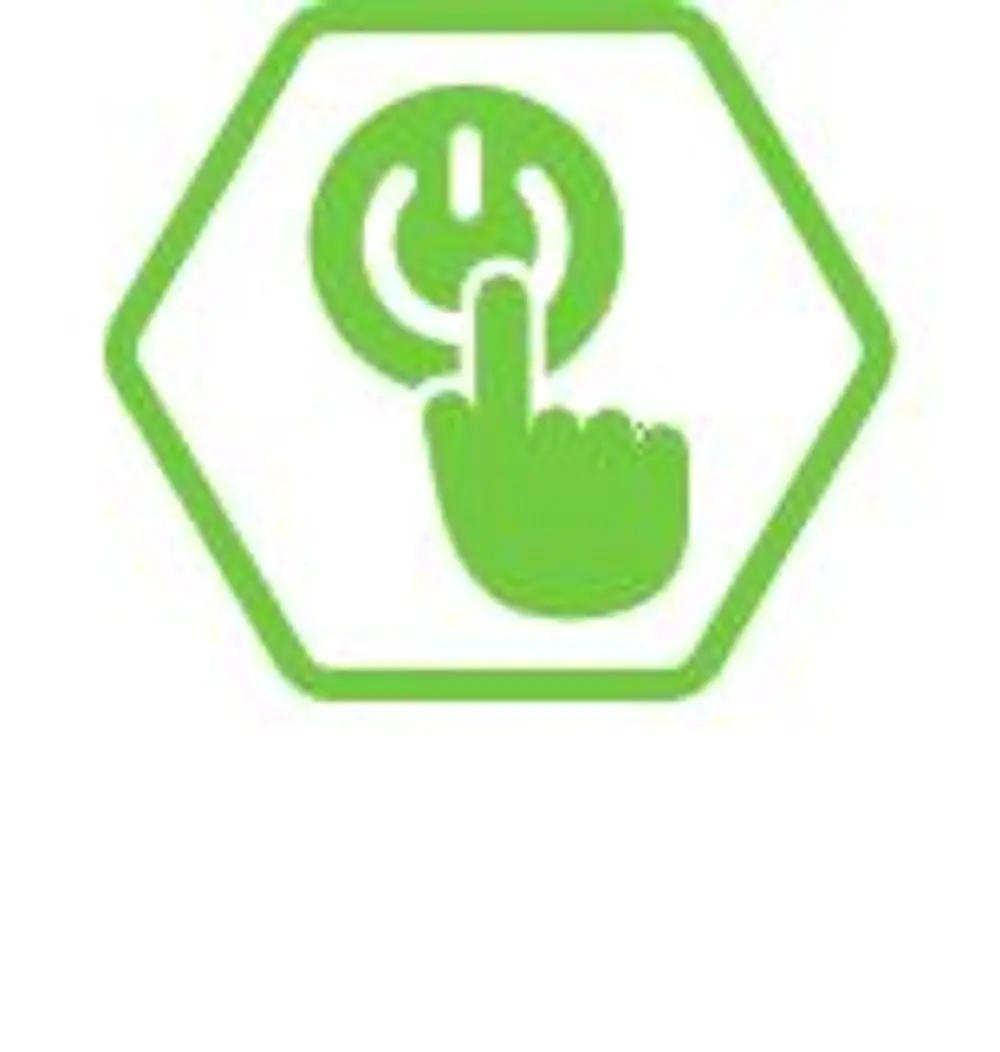 Grünes Icon mit einem Handsymbol, das auf einen runden Ein-/Ausschalter zeigt. Das Design ist klar und funktional, typisch für Reflex Winkelmann Produkte.