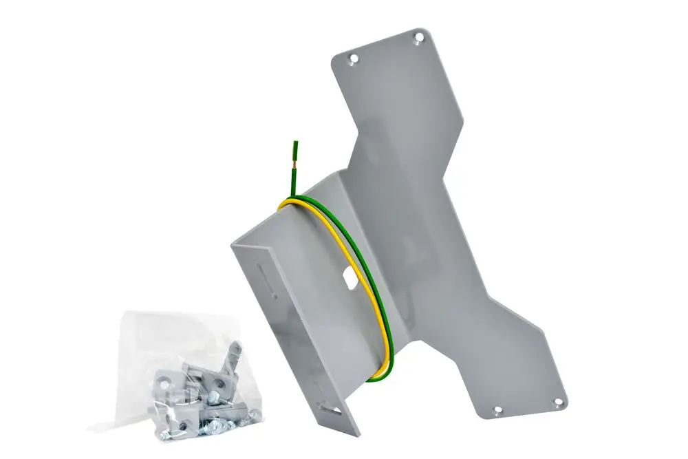 Wandhalterung in Grau mit Anschlusskabeln. Zubehör mit Schrauben und Befestigungsteilen für die Montage von Reflex Winkelmann Basic I/O und Busmodulen.