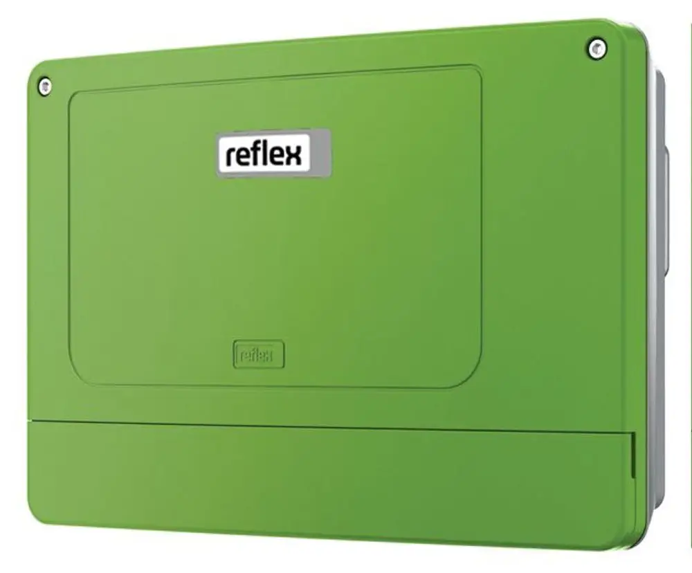 Grünes Reflex Winkelmann Produkt mit einem schlichten Design und einem Edelstahlrahmen, möglicherweise eine Erweiterungseinheit für ein Steuerungssystem.