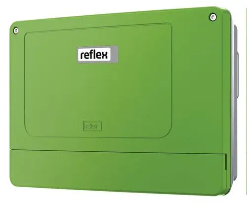 Grünes Reflex Winkelmann Produkt mit einem schlichten Design und einem Edelstahlrahmen, möglicherweise eine Erweiterungseinheit für ein Steuerungssystem.