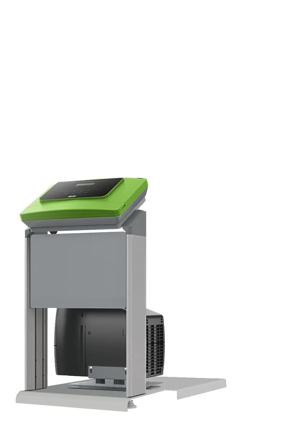 Steuereinheit von Reflex Winkelmann, auf einem grauen Ständer montiert. Die Oberseite ist in grün gehalten. Das Gerät ist kompakt und hat ein einfaches Design.