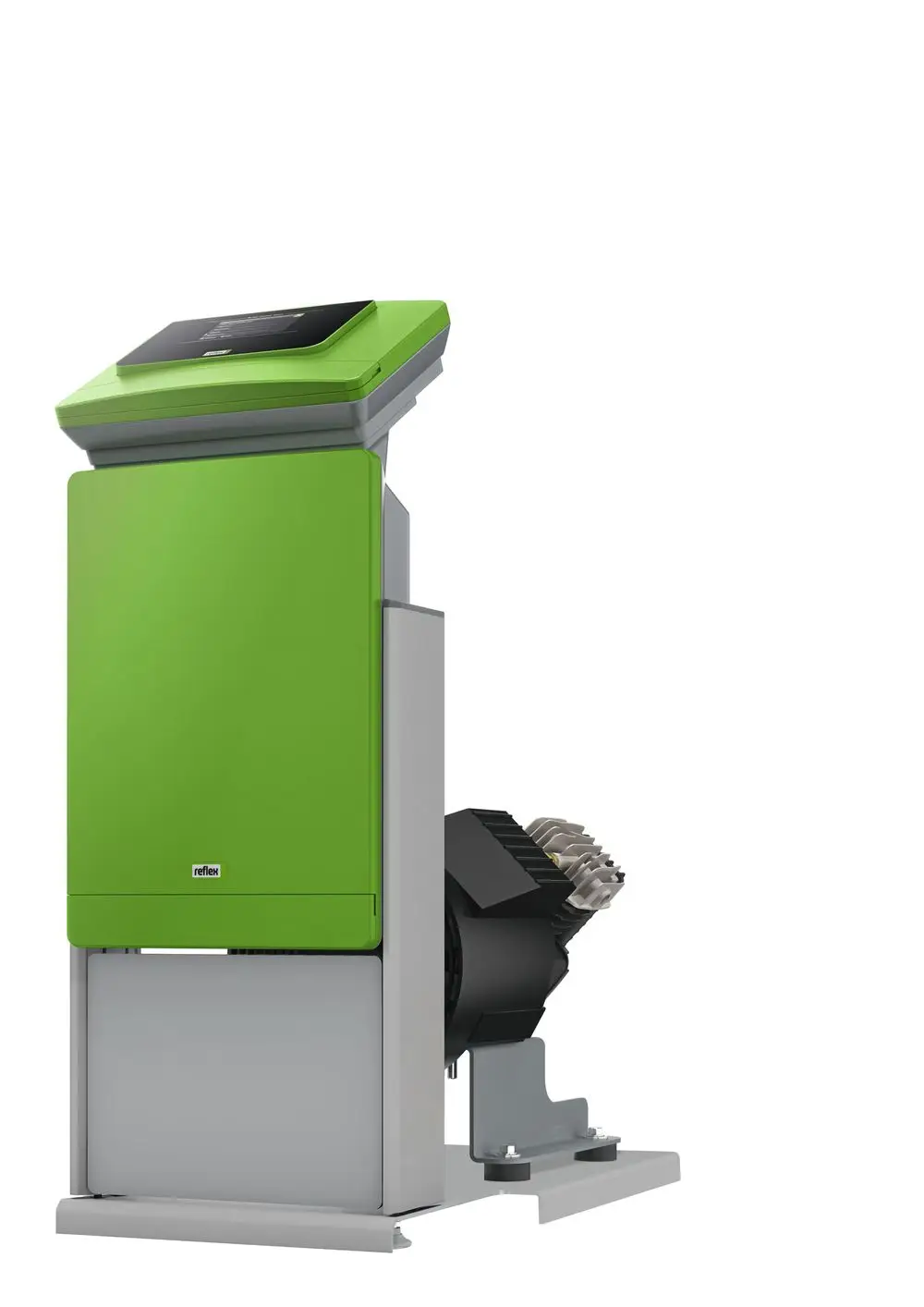 Grüne Steuereinheit von Reflex Winkelmann mit Display und Motorantrieb, montiert auf einem stabilen Gestell. Geeignet für Druckhaltestationen.