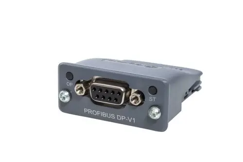 Profibus DP Modul von Reflex Winkelmann mit einem D-Sub Anschluss und LED-Anzeigen für Status und Betrieb.