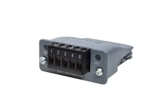 Reflex Winkelmann Modul mit fünf Anschlüssen, zwei Statusanzeigen und einem konfigurierbaren Steckplatz, geeignet für BACnet MS/TP, auf grauem Gehäuse.