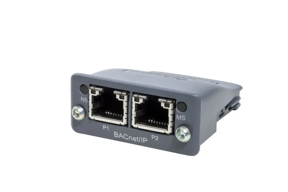 Zweifach-Ethernet-Modul von Reflex Winkelmann mit zwei RJ45-Anschlüssen, beschriftet mit P1 und P2, zur Verwendung in BACnet-IP Netzwerken.