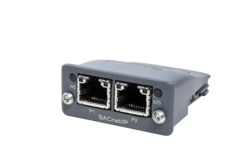 Zweifach-Ethernet-Modul von Reflex Winkelmann mit zwei RJ45-Anschlüssen, beschriftet mit P1 und P2, zur Verwendung in BACnet-IP Netzwerken.