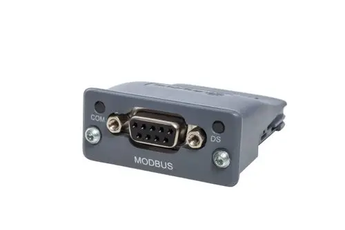 Modulares Kommunikationsmodul von Reflex Winkelmann mit 9-poligem D-Sub-Anschluss und Statusanzeigen für Modbus RTU. Gehäuse mit Montageoptionen.