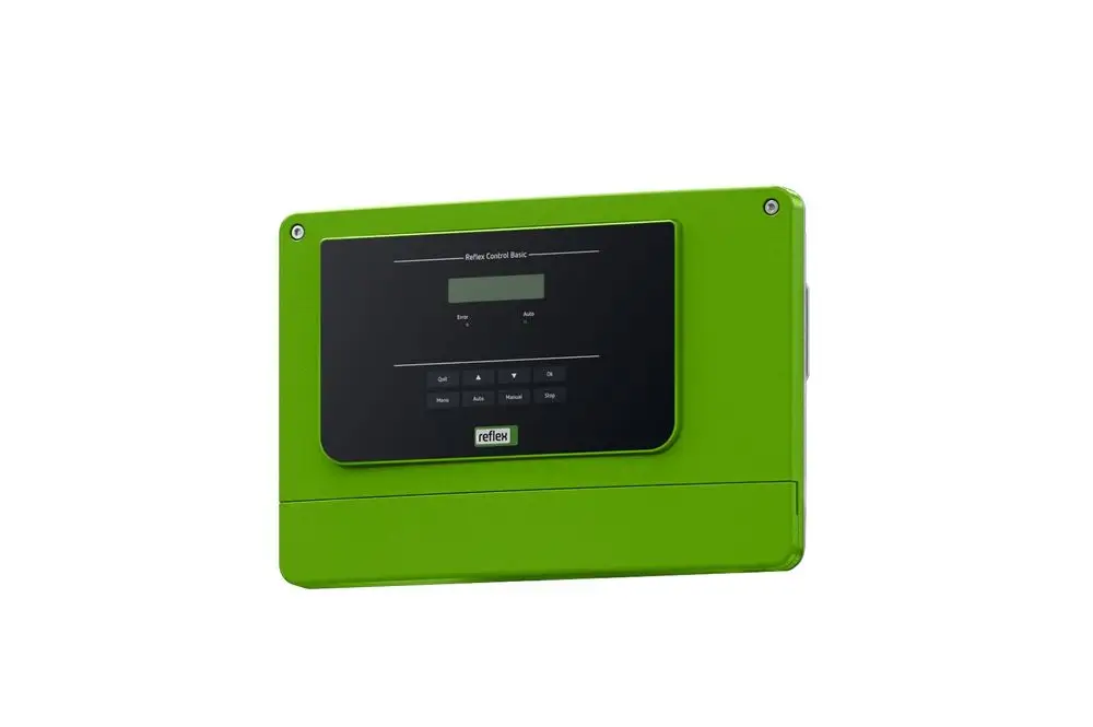 Grüne Steuereinheit mit schwarzem Display und Bedientasten, hergestellt von Reflex Winkelmann, zur Steuerung von Druckhaltestationen.