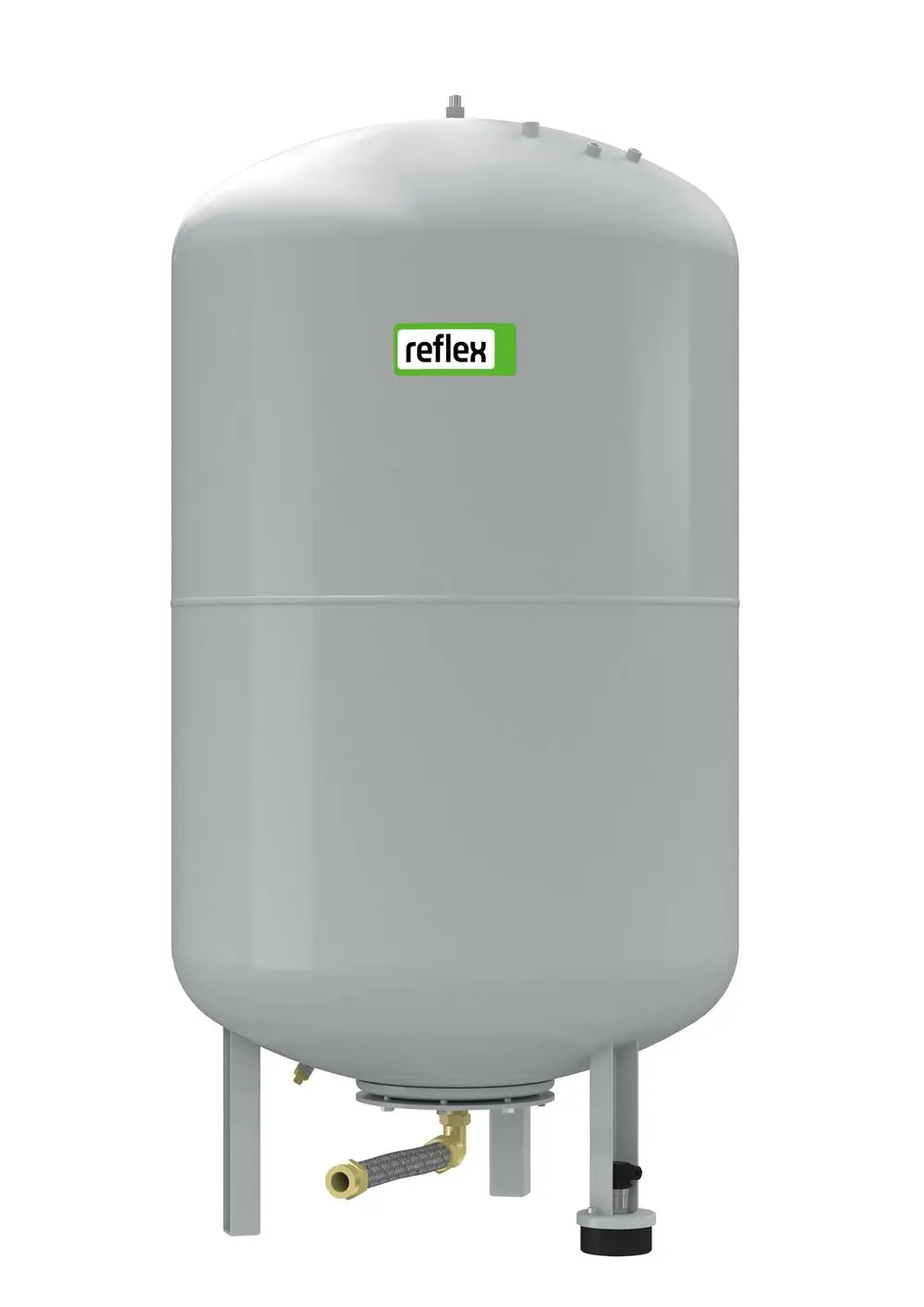 Graues Druckbehälter-System von Reflex Winkelmann mit runder Form und einem Anschlussbereich unten; geeignet für Druckhaltestationen.
