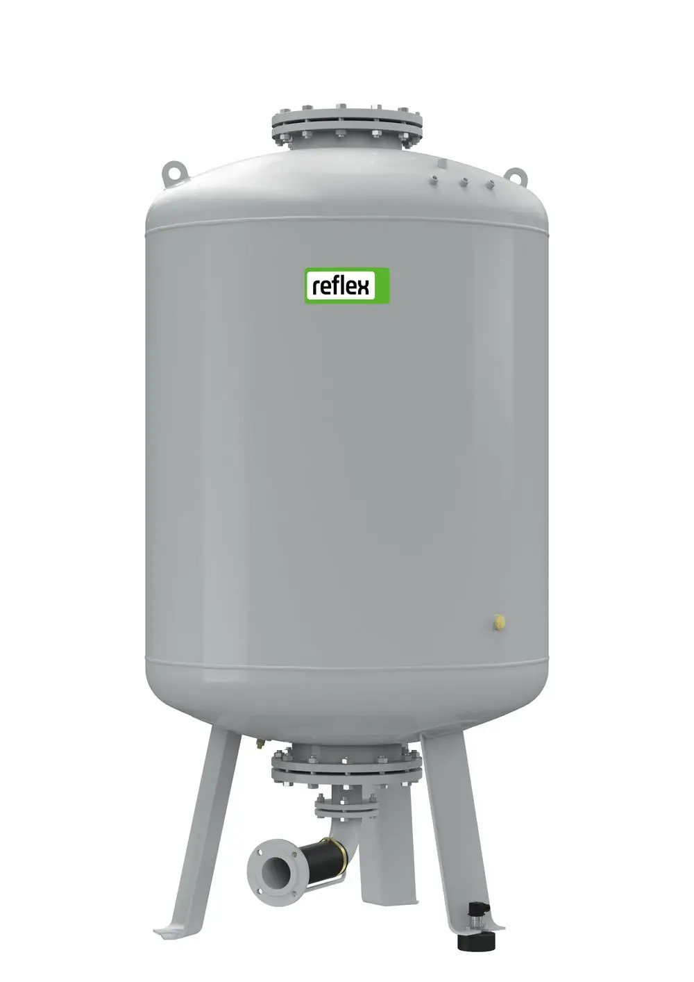 Graues zylindrisches Druckgefäß mit einer oberen Schraubkappe und einem unteren Anschluss. Produkt von Reflex Winkelmann, geeignet für Druckhaltestationen.