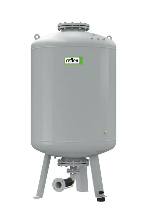 Graues zylindrisches Druckgefäß mit einer oberen Schraubkappe und einem unteren Anschluss. Produkt von Reflex Winkelmann, geeignet für Druckhaltestationen.