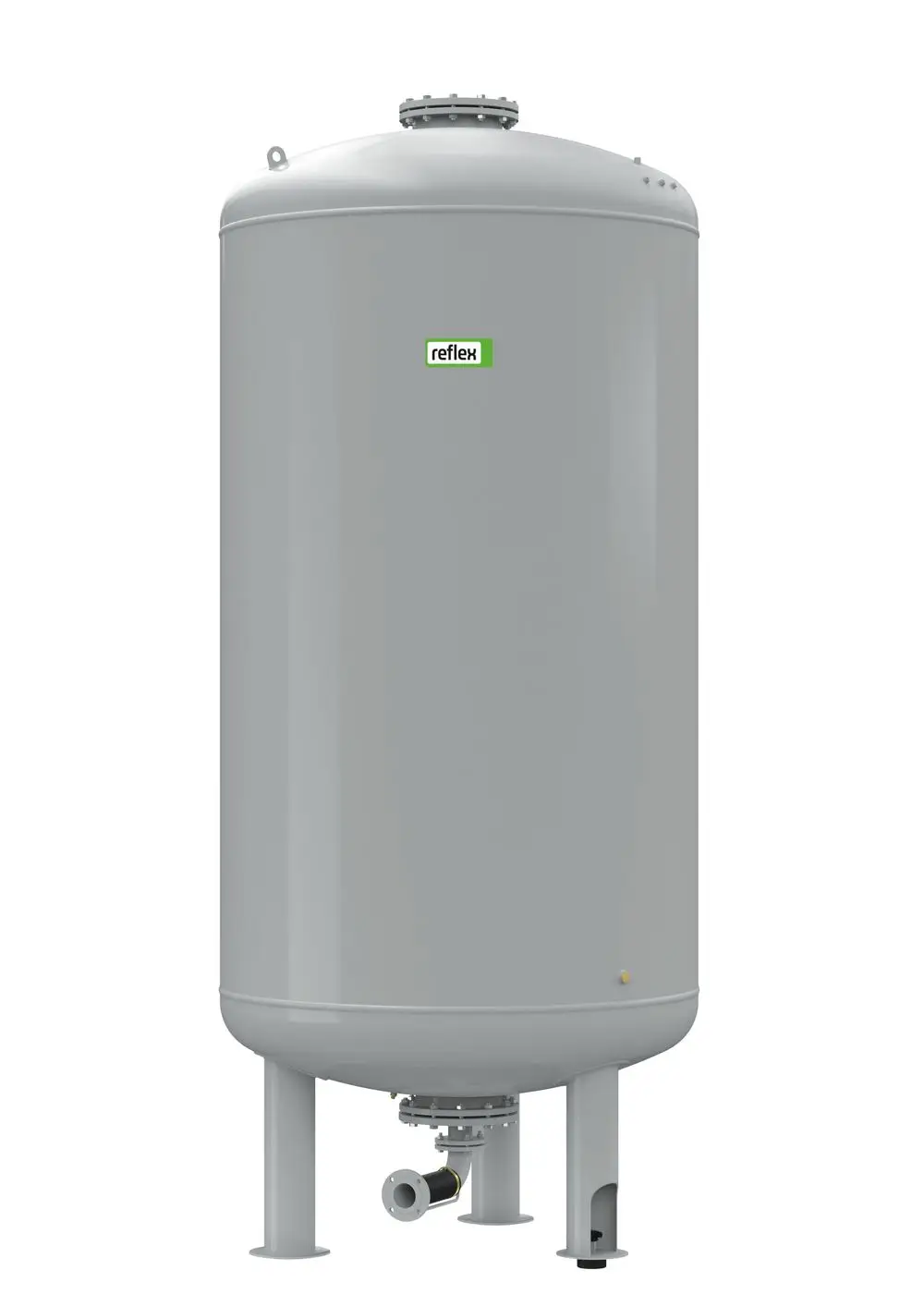 Graues Reflex Winkelmann Ausdehnungsgefäß mit rundem Körper, auf Standfüßen, mit Anschluss für Druckhaltestationen. Oberseite mit Öffnungen und Schrauben.