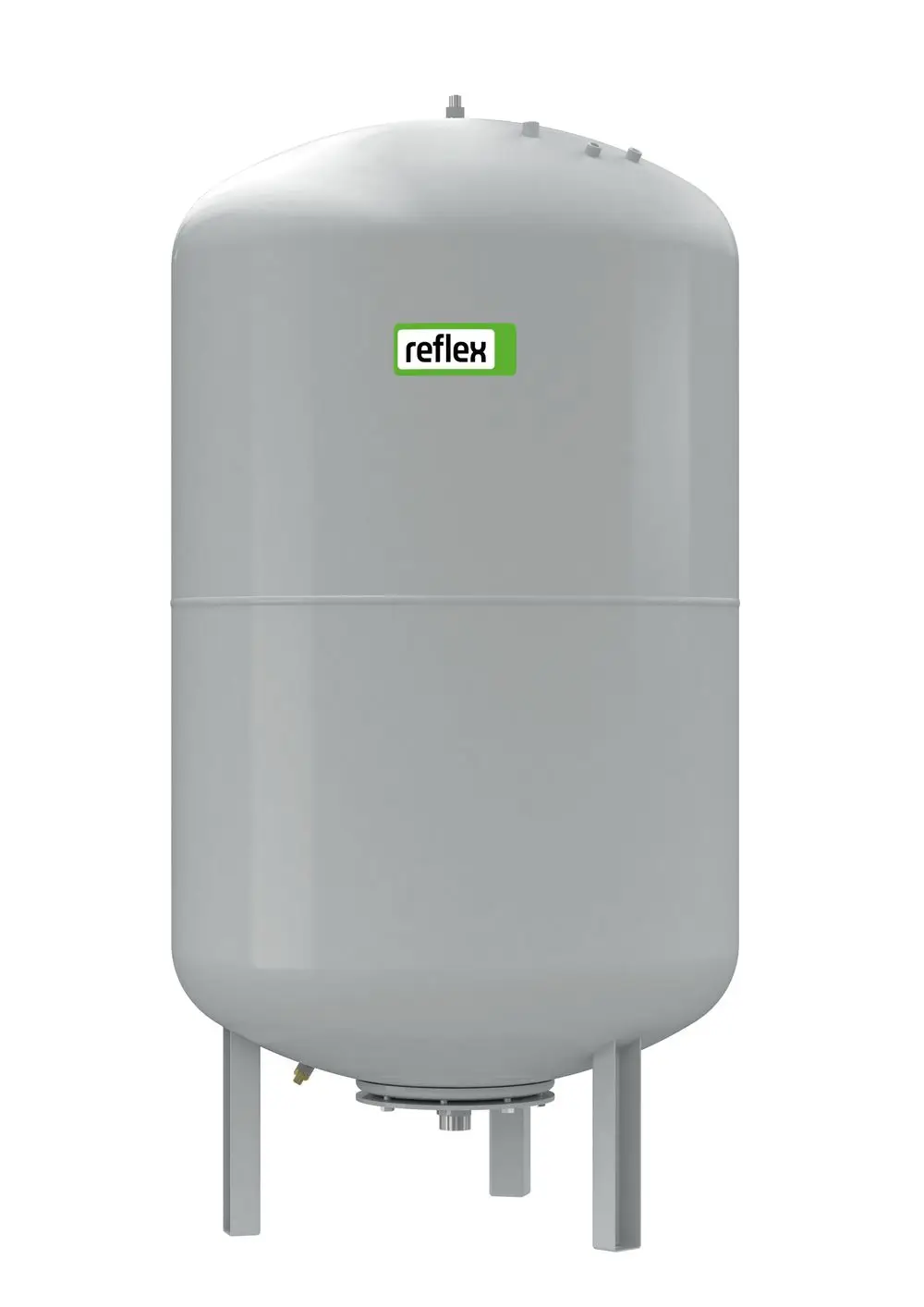 Grauer Druckbehälter von Reflex Winkelmann mit einer glatten Oberfläche, auf Stützen stehend, ausgestattet mit einem Anschlusspunkt am unteren Ende.