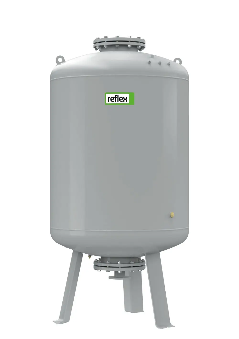 Grauer Druckbehälter von Reflex Winkelmann mit zwei Standfüßen und einer oberen Öffnung, geeignet für Druckhaltestationen.