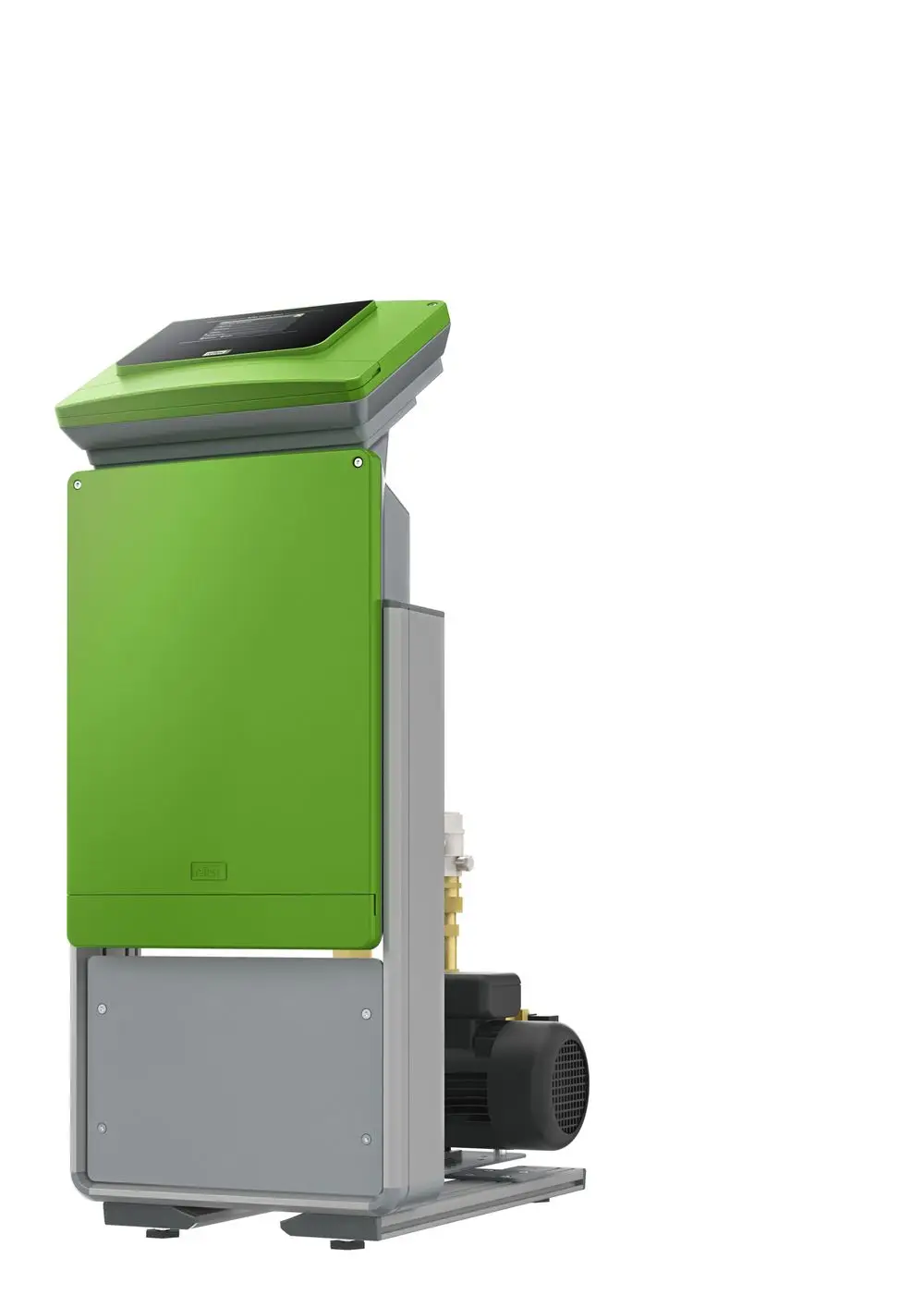 Steuereinheit von Reflex Winkelmann in grün und grau, zur Druckhaltung, Entgasung und Nachspeisung. Schläuche und Motor deutlich sichtbar.