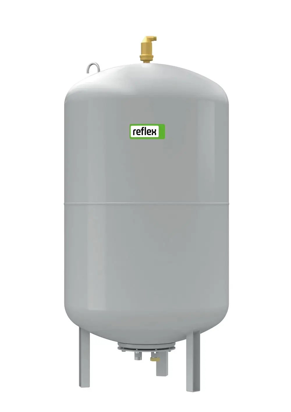Graues Druckhaltegefäß von Reflex Winkelmann mit oberem Anschluss und Standfüßen, geeignet für Druckhaltestationen.