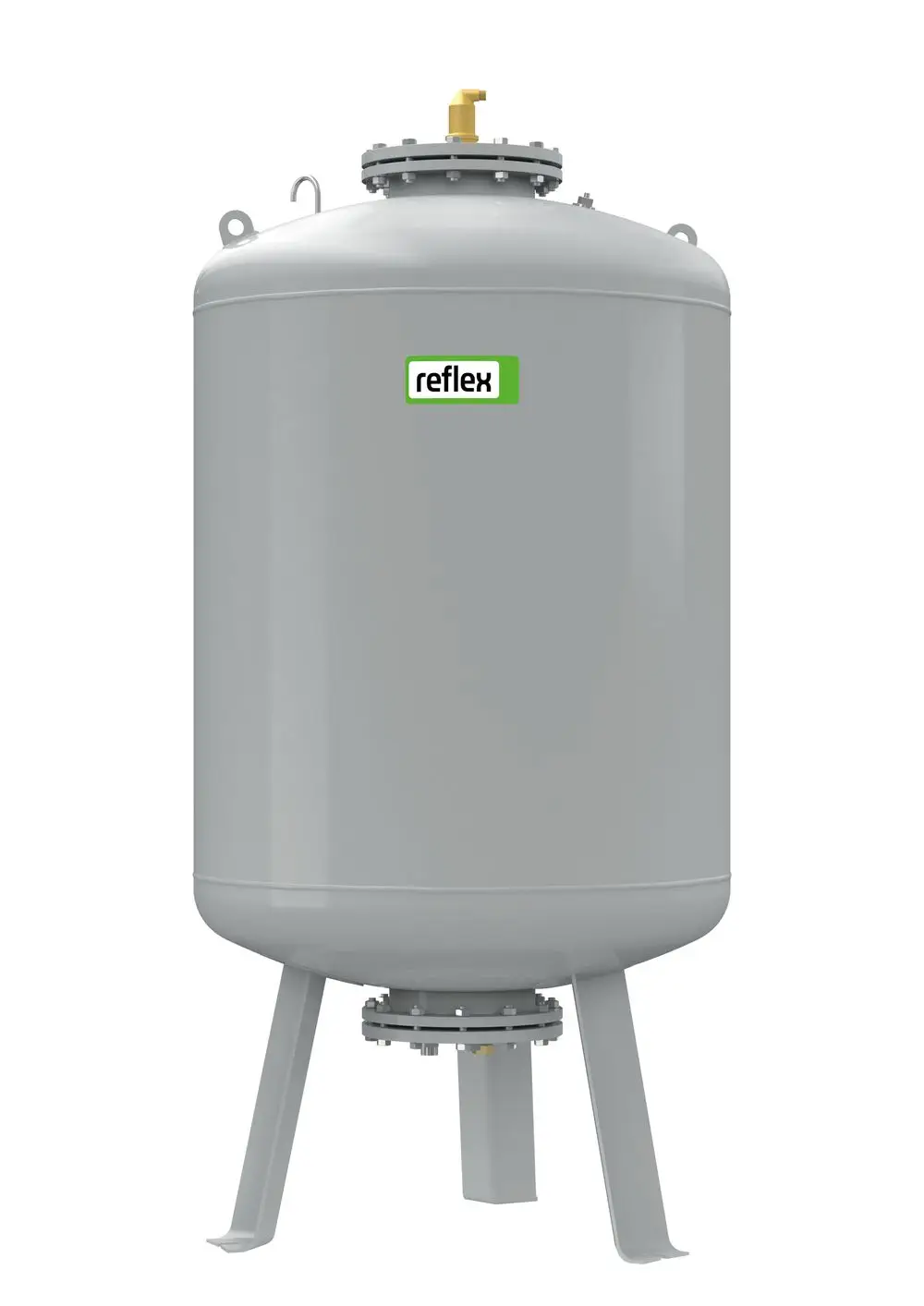 Graues Druckbehältnis von Reflex Winkelmann, ausgestattet mit einem oberen Anschluss und Stützfüßen, für den Einsatz in Druckhaltestationen.