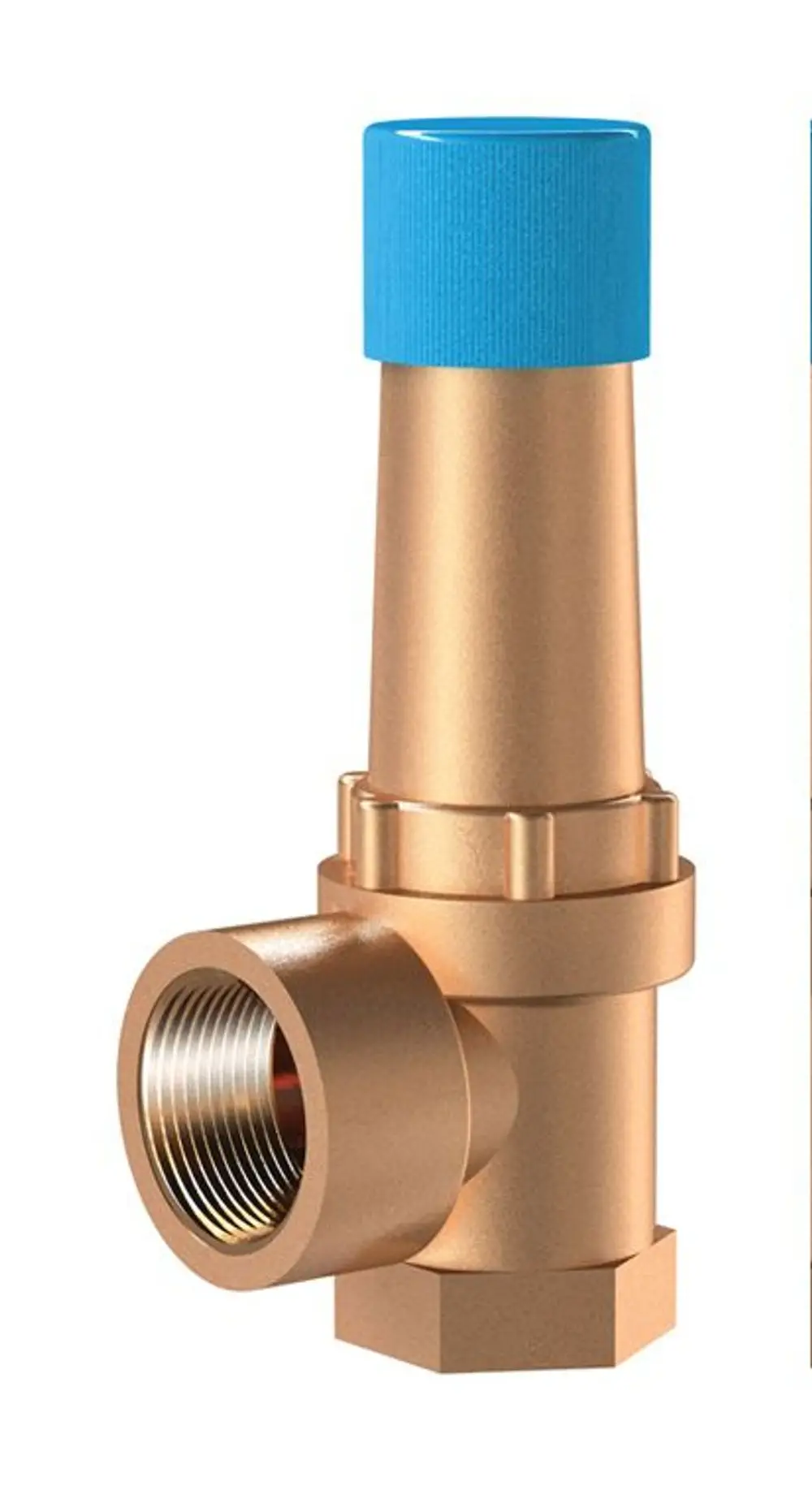 Sicherheitsventil aus Kupfer mit blauem Kunststoffdeckel, seitlichem Anschlussgewinde und Gewinde zur Befestigung. Produkt von Reflex Winkelmann.