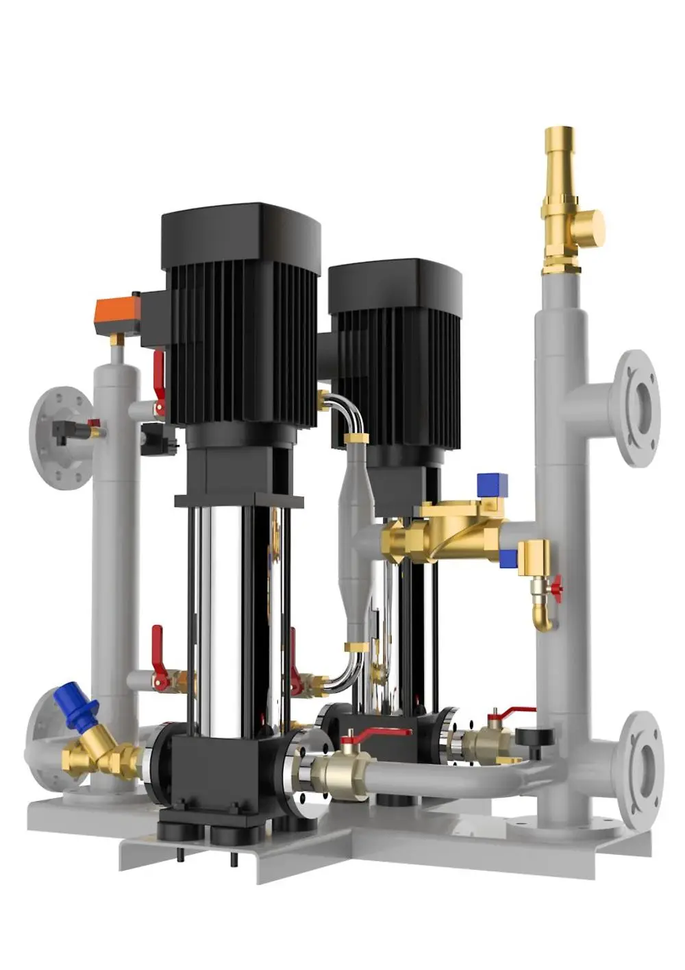 Hydraulikmodul mit zwei Pumpen, Rohrleitungen und Ventilen. Produkt von Reflex Winkelmann, geeignet für den Einsatz in Variomat Giga DH-Stationen.