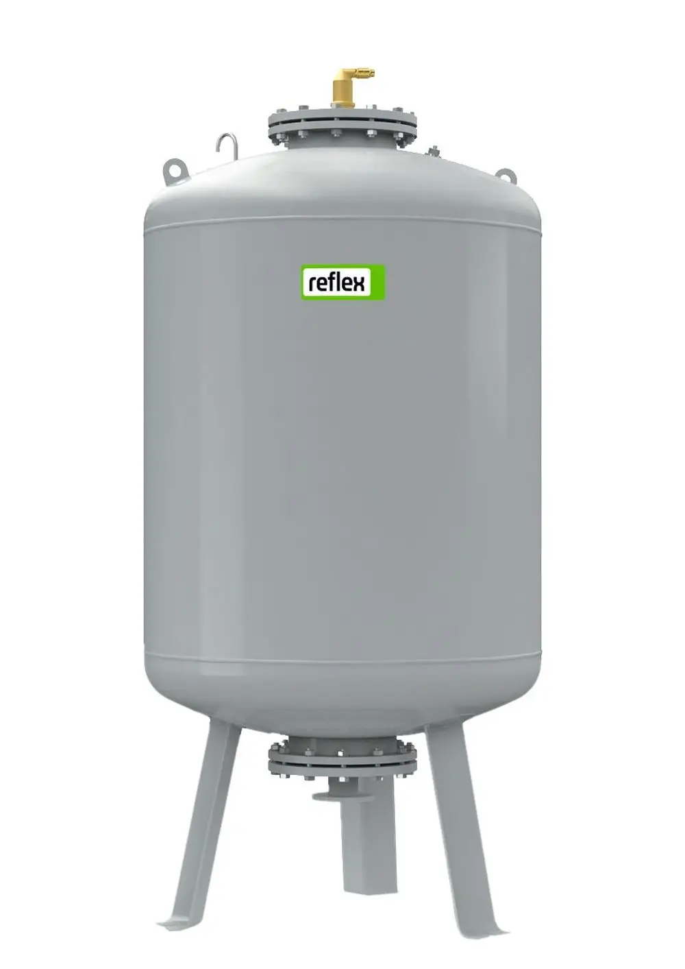 Grauer Druckbehälter auf drei stabilen Beinen, ausgestattet mit einem oberen Anschluss und einer Ventilöffnung. Produkt von Reflex Winkelmann für Druckhaltestationen.
