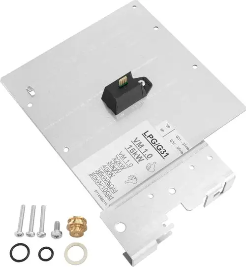 Montierte Metallplatte mit Anschlussstück und Schrauben, geeignet für den Umbau auf Flüssiggas. Teil des Bosch-Systems für Gasgeräte.