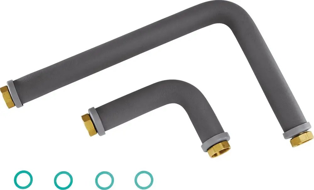 Hydraulische Anschlussrohre in grau mit messingfarbenen Gewinden, passend für Installationen. Hersteller: Bosch. Zwei Größen sind sichtbar, jeweils mit Gummidichtungen.
