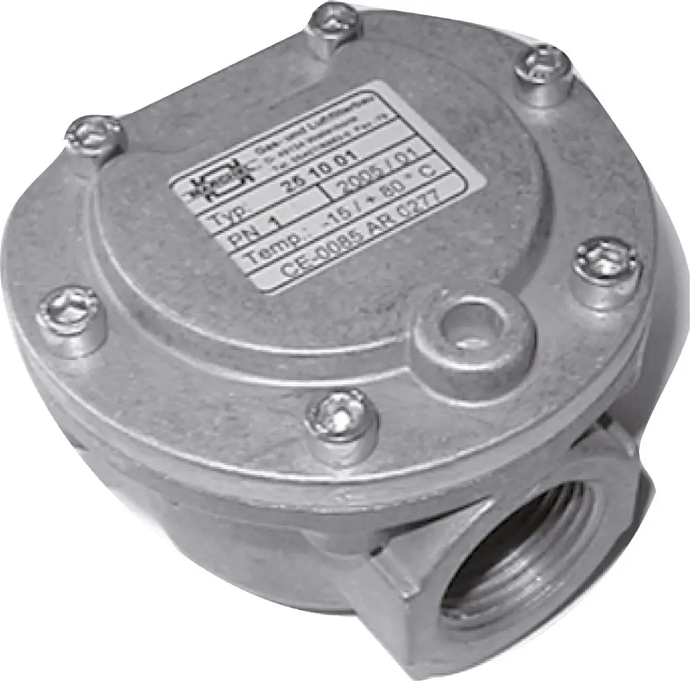 Gasfilter in metallischer Ausführung mit mehreren Anschlussmöglichkeiten. Hersteller ist Bosch. Sichtbare technische Daten auf dem Typenschild.