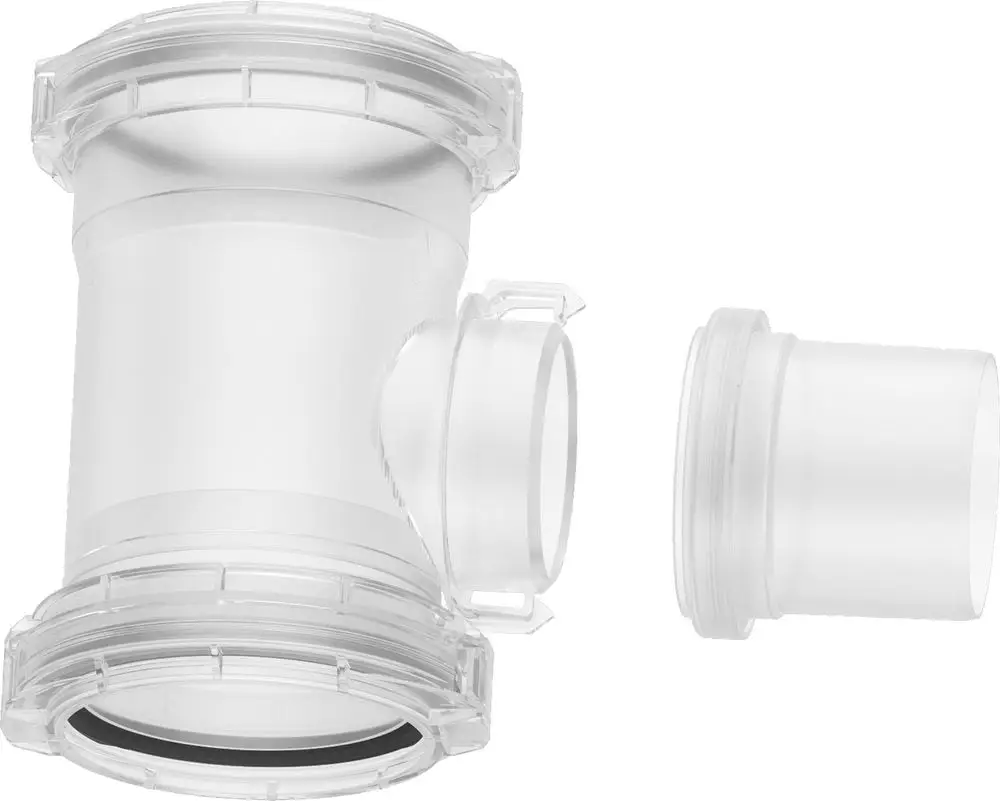 Bosch Abgaszubehör, bestehend aus einem Verbindungsstück mit zwei Anschlüssen, geeignet für Rohrinstallationen, transparentes Design.