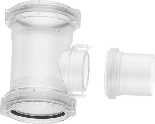 Bosch Abgaszubehör, bestehend aus einem Verbindungsstück mit zwei Anschlüssen, geeignet für Rohrinstallationen, transparentes Design.