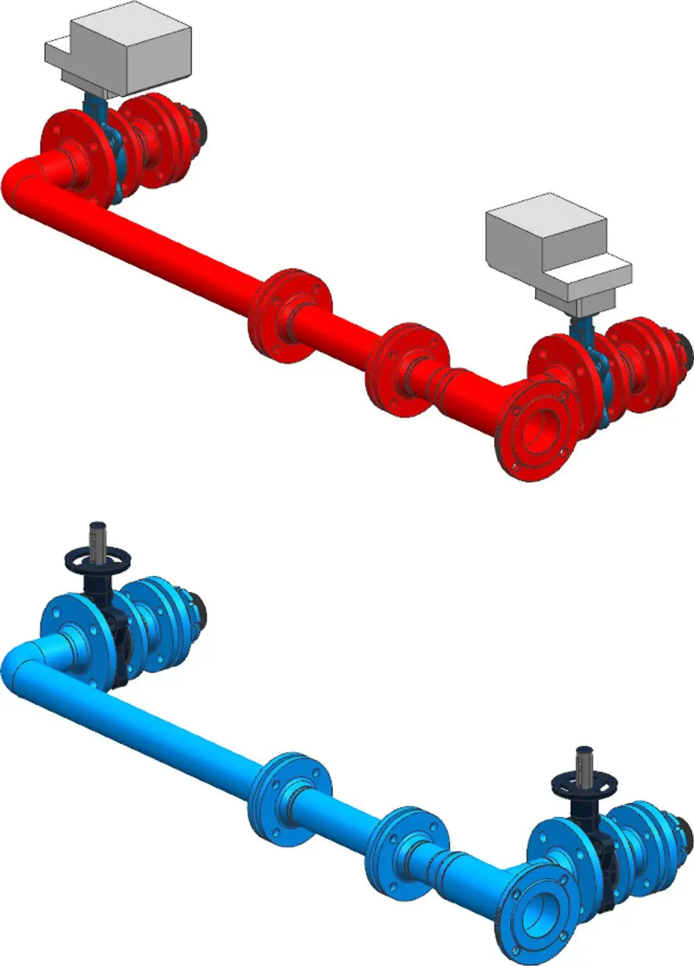 Zwei Kaskaden-Set-Pipes in Rot und Blau mit Ventilen und Flanschen, geeignet für Systeme von Bosch. Über den Verlauf der Rohre sind Isolierungen erkennbar.