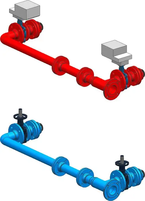 Zwei Kaskaden-Set-Pipes in Rot und Blau mit Ventilen und Flanschen, geeignet für Systeme von Bosch. Über den Verlauf der Rohre sind Isolierungen erkennbar.