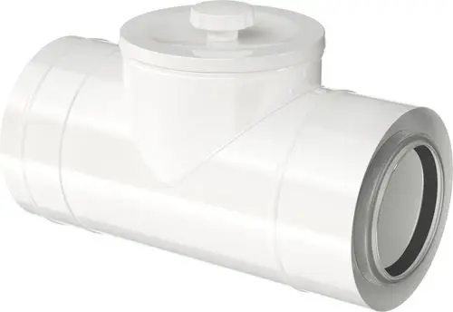 Weißes Rohrsystem mit Prüföffnung, gefertigt aus Kunststoff. Zentrales Element für Abgasanlagen, kompatibel mit Bosch-Produkten. Sichtbare Anschlüsse an beiden Enden.