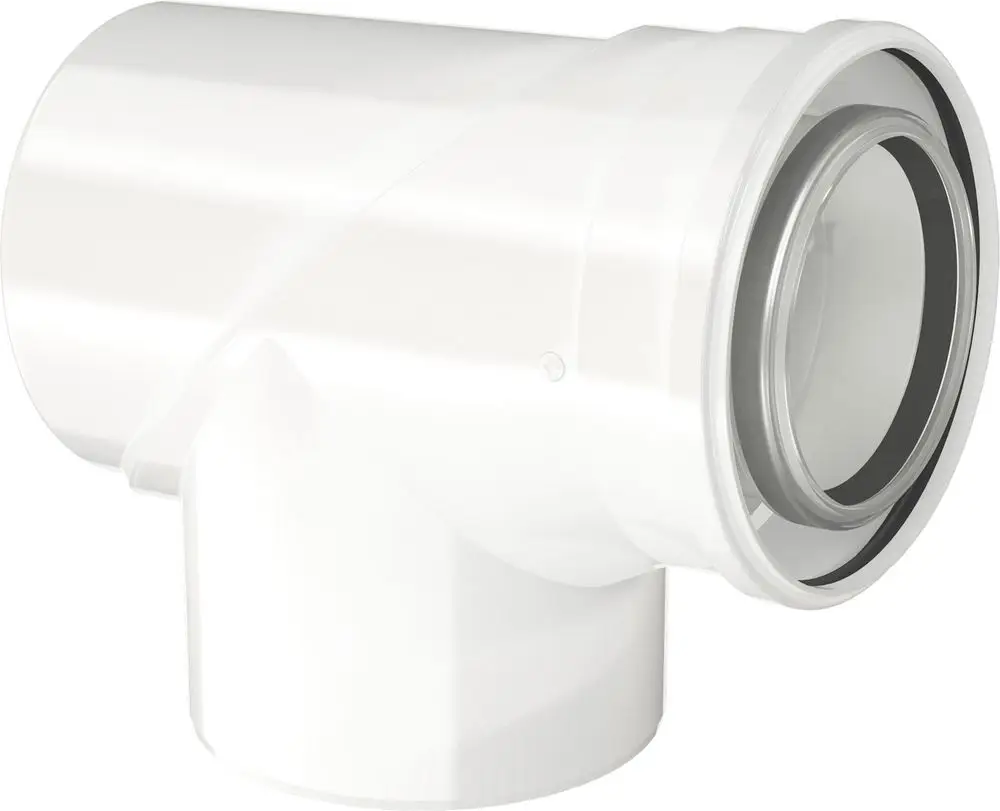 Weißer Abgasrohrbogen mit Prüföffnung, geeignet für die Verwendung in Abgasanlagen. Bosch-Produkt, gefertigt aus robustem Material für langlebige Anwendungen.