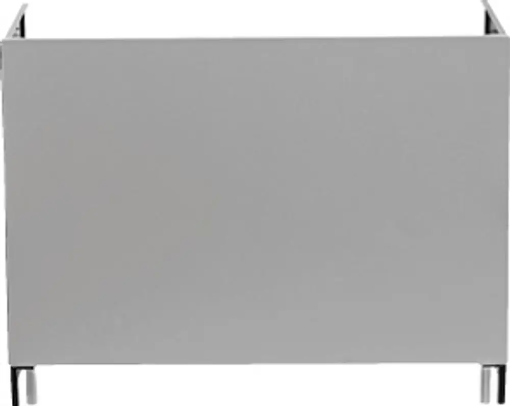Silberne Verrohrungsblende für Solewärmepumpen von Bosch, quadratisch und ohne sichtbare Halterungen, auf stabilen Beinen stehend.