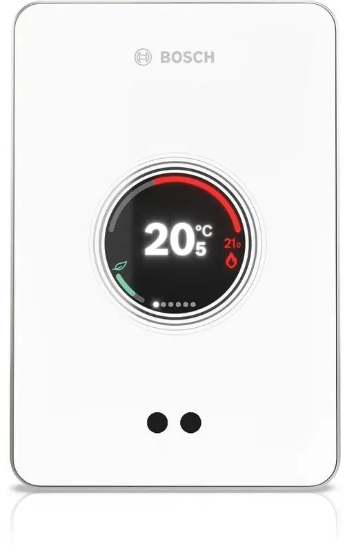 Ein Bosch-Thermostat mit einem digitalen Display, das eine Temperatur von 20°C anzeigt, umgeben von einem farbigen Temperaturregler.