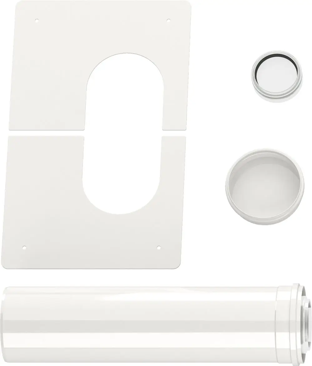 Weißes Abgaszubehörset von Bosch, bestehend aus einem runden Blinddeckel, einem Rohr und zwei Platten, geeignet zur Verwendung mit entsprechenden Abgasanlagen.