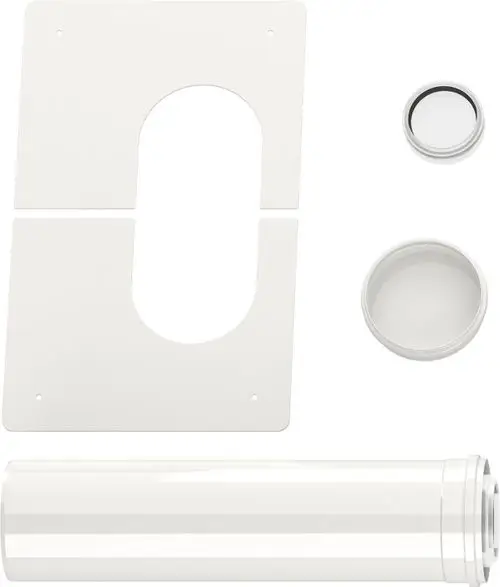 Weißes Abgaszubehörset von Bosch, bestehend aus einem runden Blinddeckel, einem Rohr und zwei Platten, geeignet zur Verwendung mit entsprechenden Abgasanlagen.