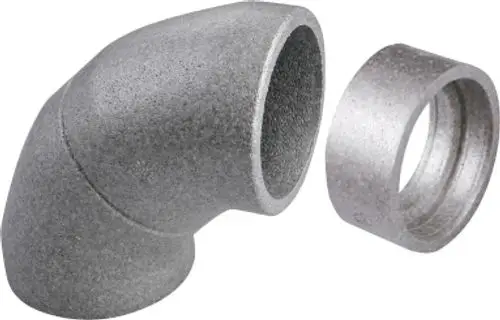 Bogenstück aus grauem Metall mit 90-Grad-Winkel, geeignet für Luftkanäle. Zubehör für Wohnungslüftungssysteme, möglicherweise von Bosch.